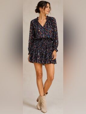 Current Air Aurelie Pleated Star Print Mini Dress Multicolor Smocked Boho Size L